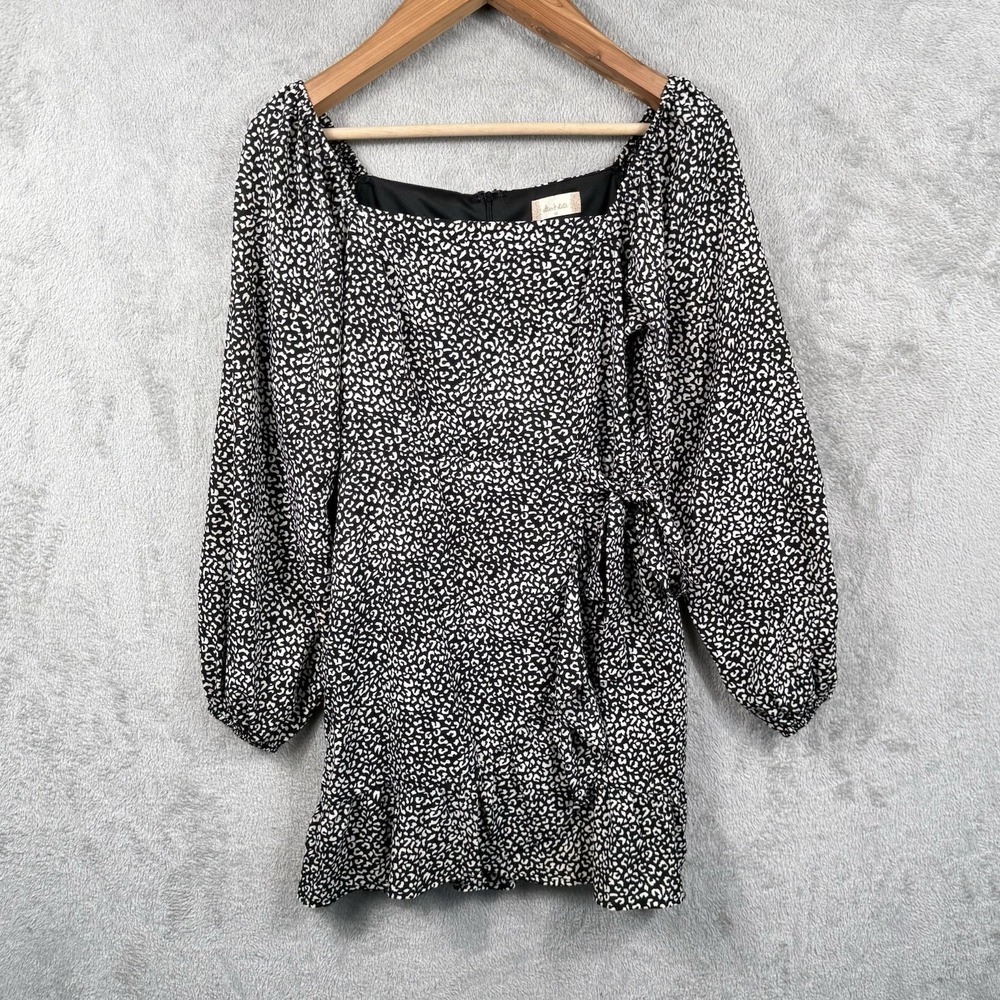 Altar'd State Mini Dress Tie Front Animal Print Black White Ruffle Long Sleeve M